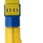 Yellow hand-shaped toy with fingers spread, featuring a smiling face with eyes and eyelashes. It has a blue and yellow handle.