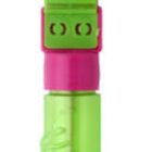 A green and pink novelty pen with a smiling face on top. The cap features a hand making a peace sign.