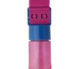 A pink bubble wand shaped like a smiling hand with four fingers and a thumb forming a loop. The handle is also pink with a blue section near the top, featuring two small indents.