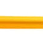 An orange novelty pen shaped like a classic pencil, with a metal ring and eraser on one end and a cap removed to show the pen tip on the other.