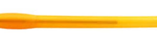 Orange novelty pen designed to resemble a pencil with a suction cup eraser. The pen tip is exposed, pointing left, and the cap is removed and placed to the side.