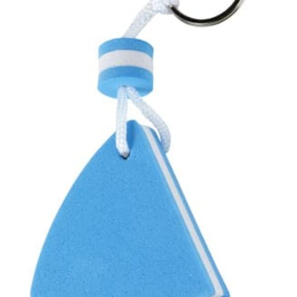Blue sailboat-shaped keychain with white accents and a metal ring.