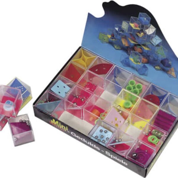 Box of colorful mini puzzles with clear plastic containers and metal balls.