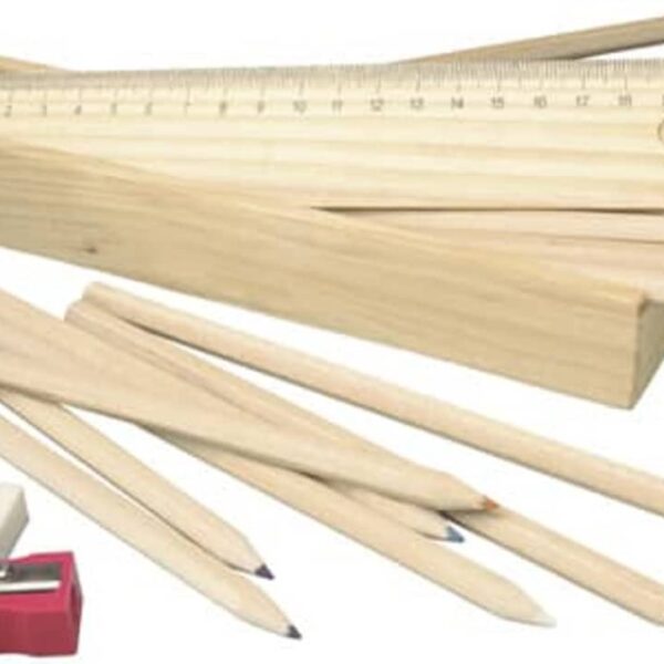 Wooden box with long pencils, ruler, eraser, and red sharpener.