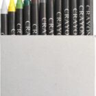 A set of 12 colorful crayons in a white cardboard box.