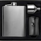 Stainless steel hip flask set with funnel and black leather case in a black box.