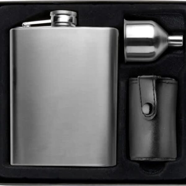 Stainless steel flask set with funnel and black leather pouch in a box.