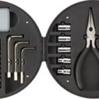 A black tool kit with pliers, screwdrivers, hex keys, sockets, and a small screen.