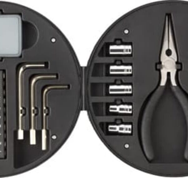 Round black tool kit case with screwdrivers, pliers, hex keys, and sockets arranged inside.
