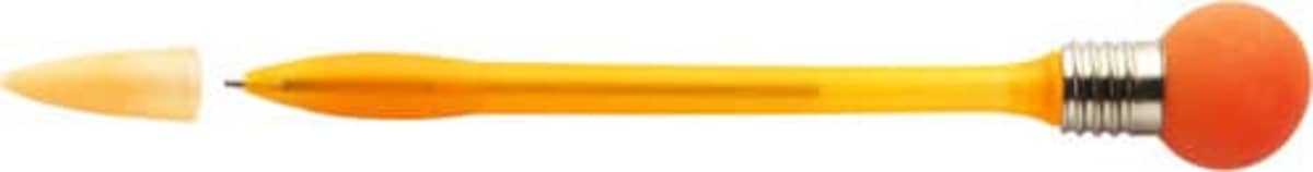 An orange novelty pen shaped like a matchstick, with a silver metallic band near a large red eraser-style top. The pens cap is removed and placed beside it.