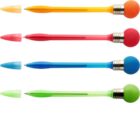 Four pens with removable caps and round, colorful pom-pom tops are shown. They are aligned horizontally: yellow, red, blue, and green, each with corresponding pom-pom and cap colors.