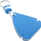 Blue arrow-shaped key float with a striped rope and silver keyring.