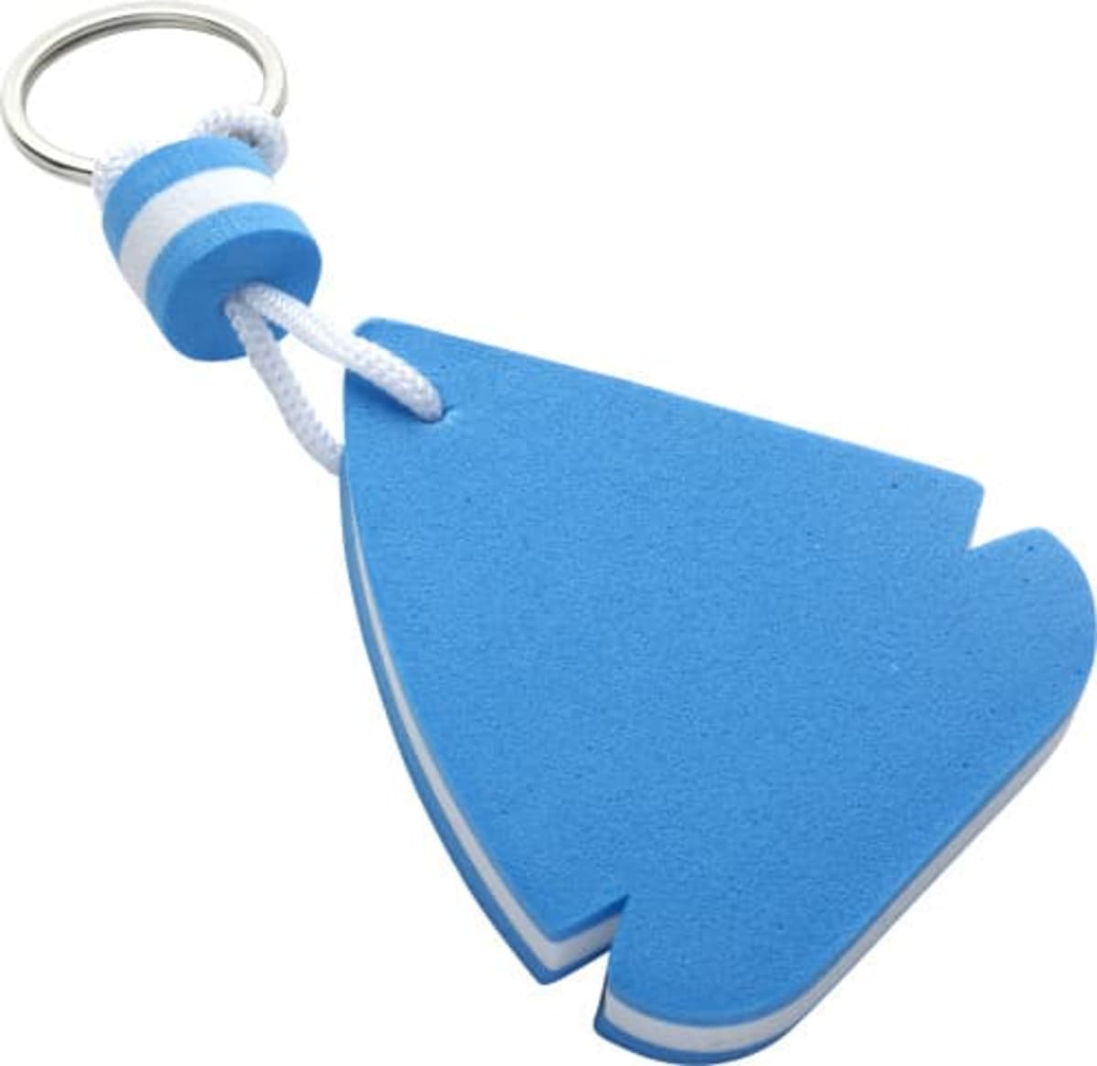 Blue arrow-shaped key float with a striped rope and silver keyring.