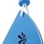 Blue sailboat-shaped keychain with a logo and text YOUR LOGO.