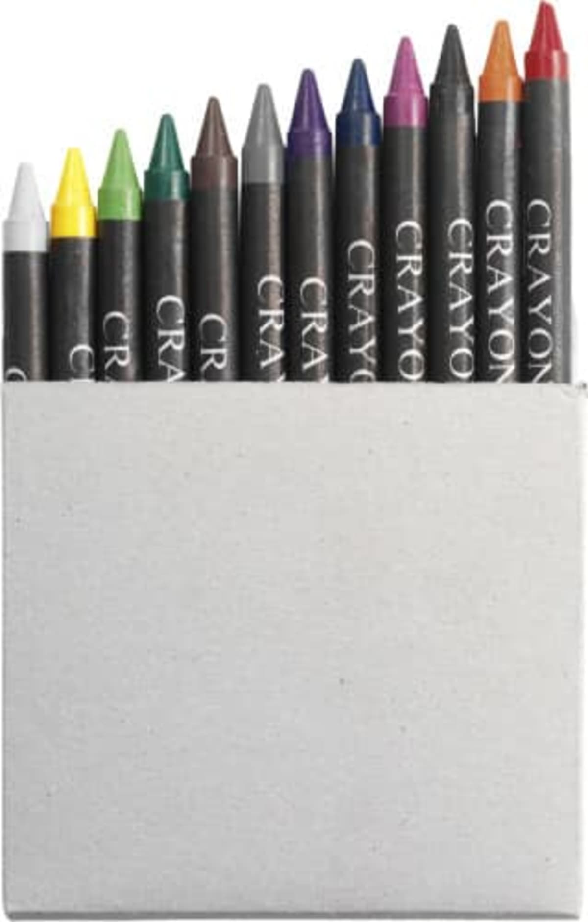 Box of crayons in various colors, including red, blue, green, and yellow.
