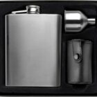Stainless steel flask set with funnel and leather case in a black box.