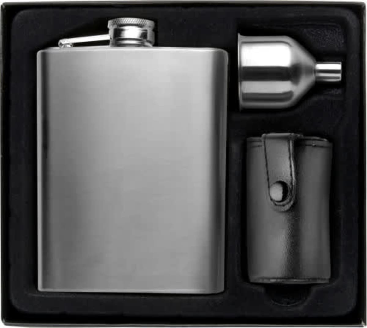 Stainless steel flask set with funnel and leather case in a black box.