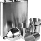 Stainless steel flask set with four shot cups and a funnel.