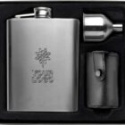 Stainless steel flask set with funnel and leather case in a black box.