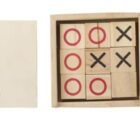 Wooden tic-tac-toe game with lid and pieces arranged in the box.