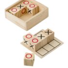 Wooden tic-tac-toe set with X and O cubes and a small grid board.