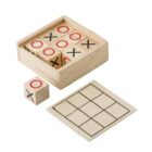 Wooden tic-tac-toe game with grid, cubes marked with X and O, and a wooden box.