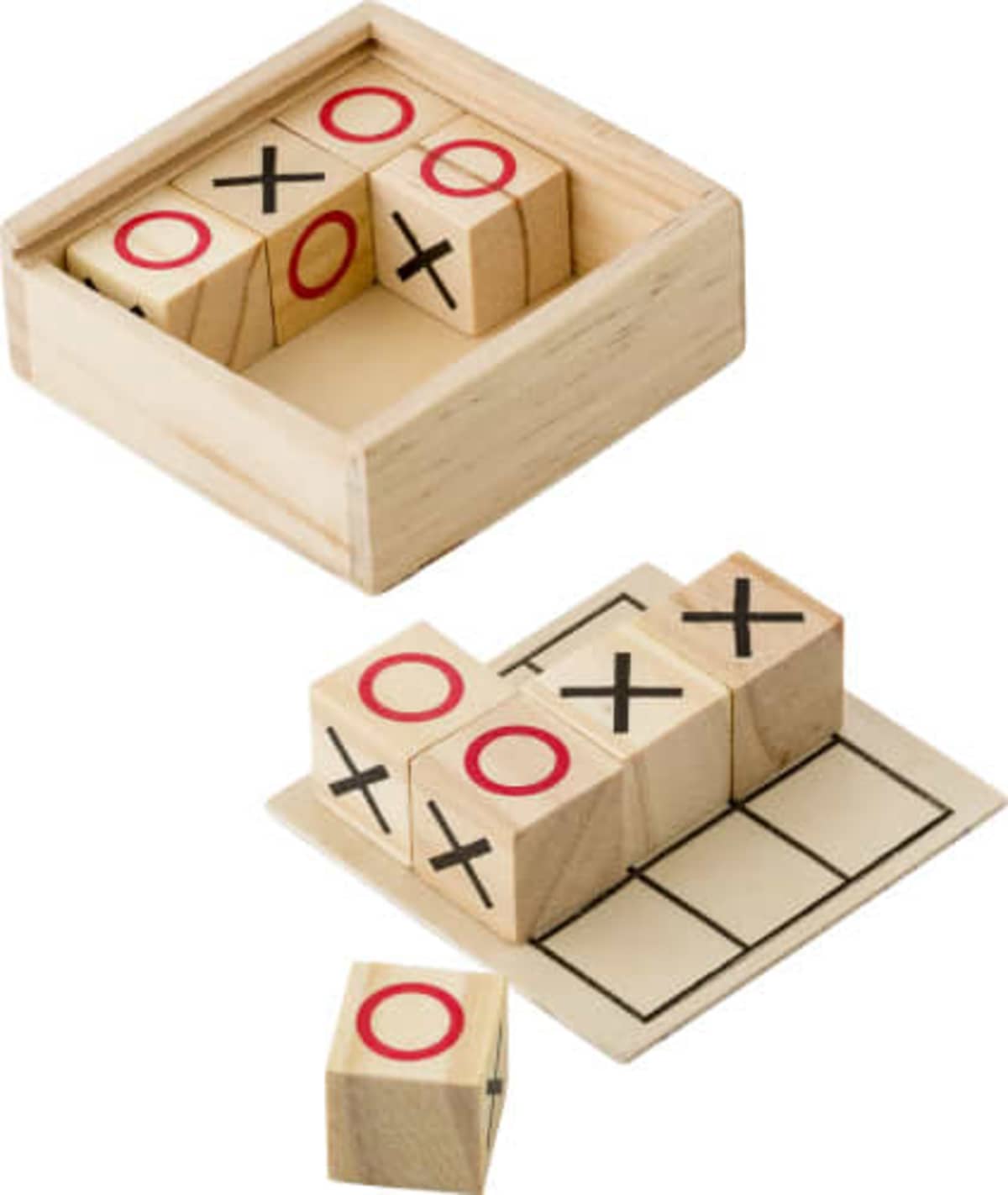 Wooden Tic-Tac-Toe game with X and O cubes in a wooden box and board.