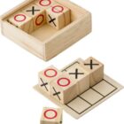 Wooden tic-tac-toe set with X and O blocks inside a small box.