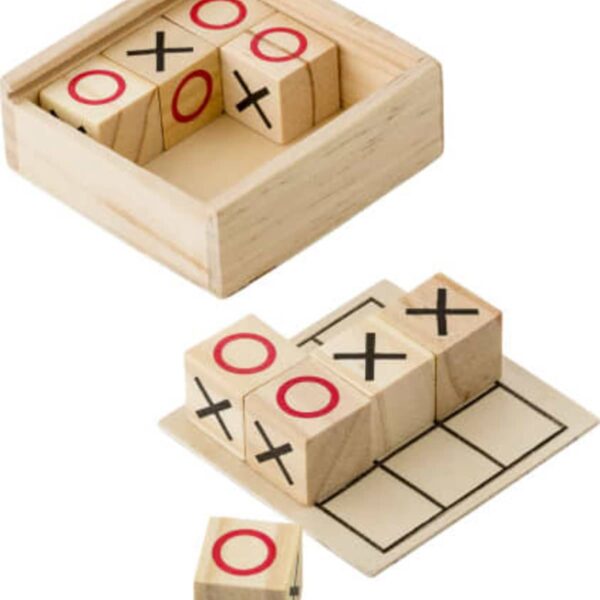 Wooden Tic-Tac-Toe game set with X and O cubes in a box and on a board.