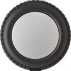 A round, silver button with a black, ridged border viewed from above.