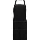 A black apron with yellow stitching shown against a white background. The apron has an adjustable neck strap and waist ties, with two large front pockets.