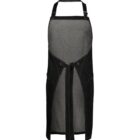 Gray and black apron with a halter neck, featuring adjustable straps and a front tie. The apron has two front pockets and stitched detailing, giving it a modern, utility-inspired look.
