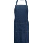 Denim apron with adjustable neck strap and large front pockets, featuring visible stitching.