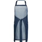 Denim apron with dark blue trim, featuring four pockets and adjustable neck and waist straps. The apron is displayed front-facing against a white background.