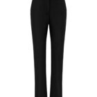 A pair of black, straight-leg trousers with a waistband and belt loops. The trousers have a button and zipper closure at the top.