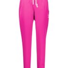 Bright pink jogger pants with a white drawstring and a small logo on the side pocket. The pants have a tapered fit with elastic cuffs at the ankles.