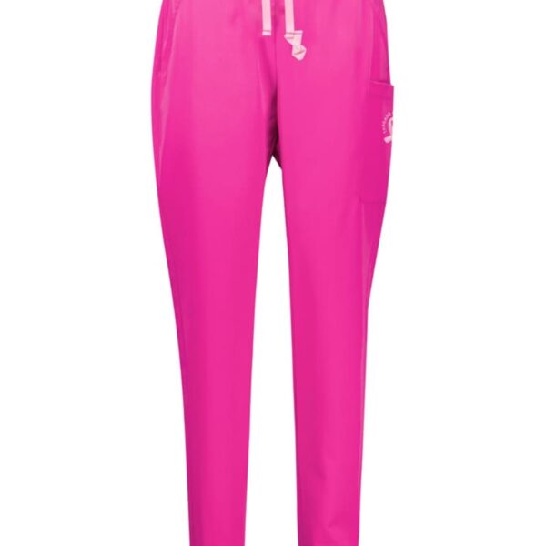 Bright pink jogger pants with a white drawstring and a small logo on the side pocket. The pants have a tapered fit with elastic cuffs at the ankles.