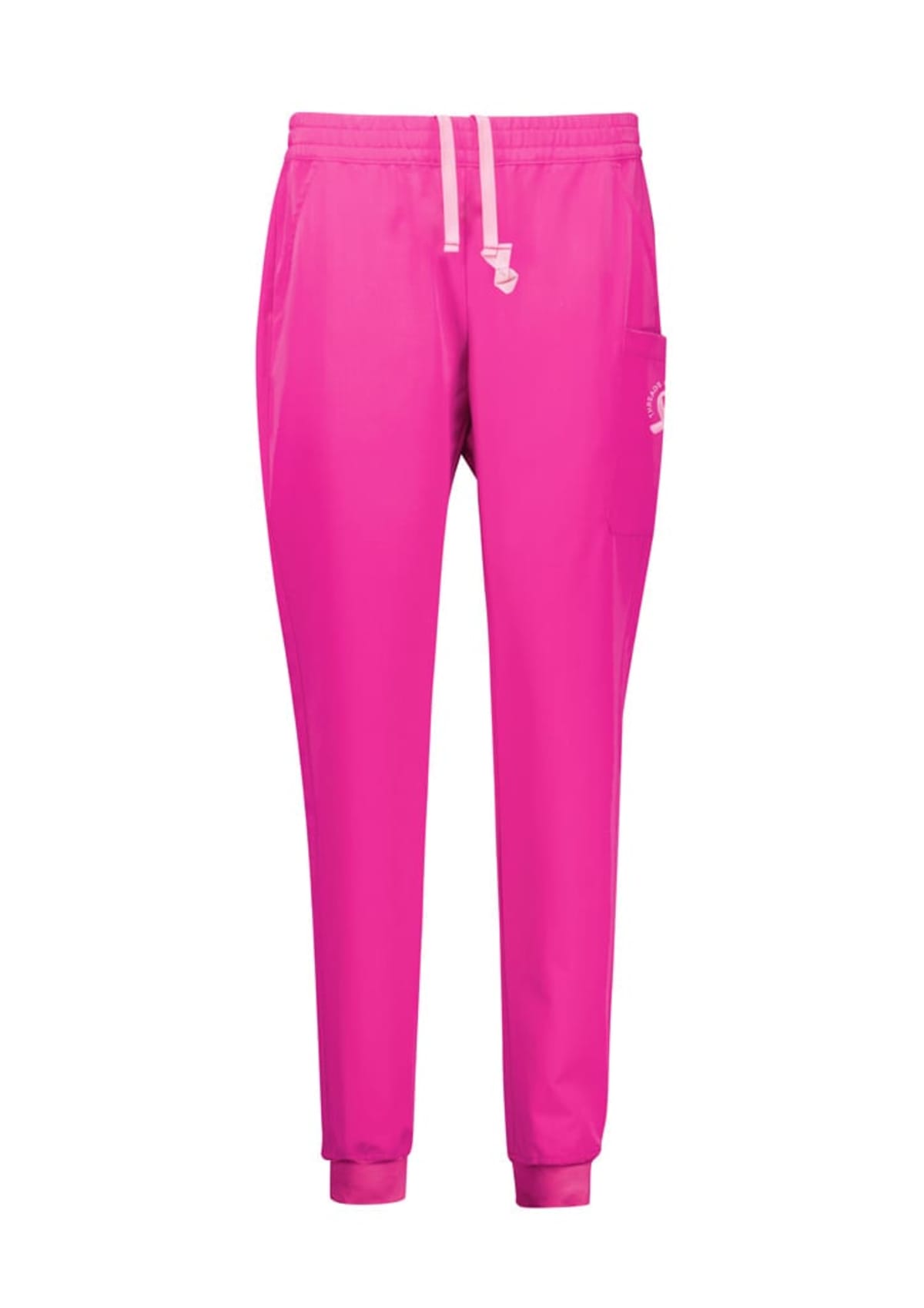 Bright pink jogger pants with a white drawstring and a small logo on the side pocket. The pants have a tapered fit with elastic cuffs at the ankles.