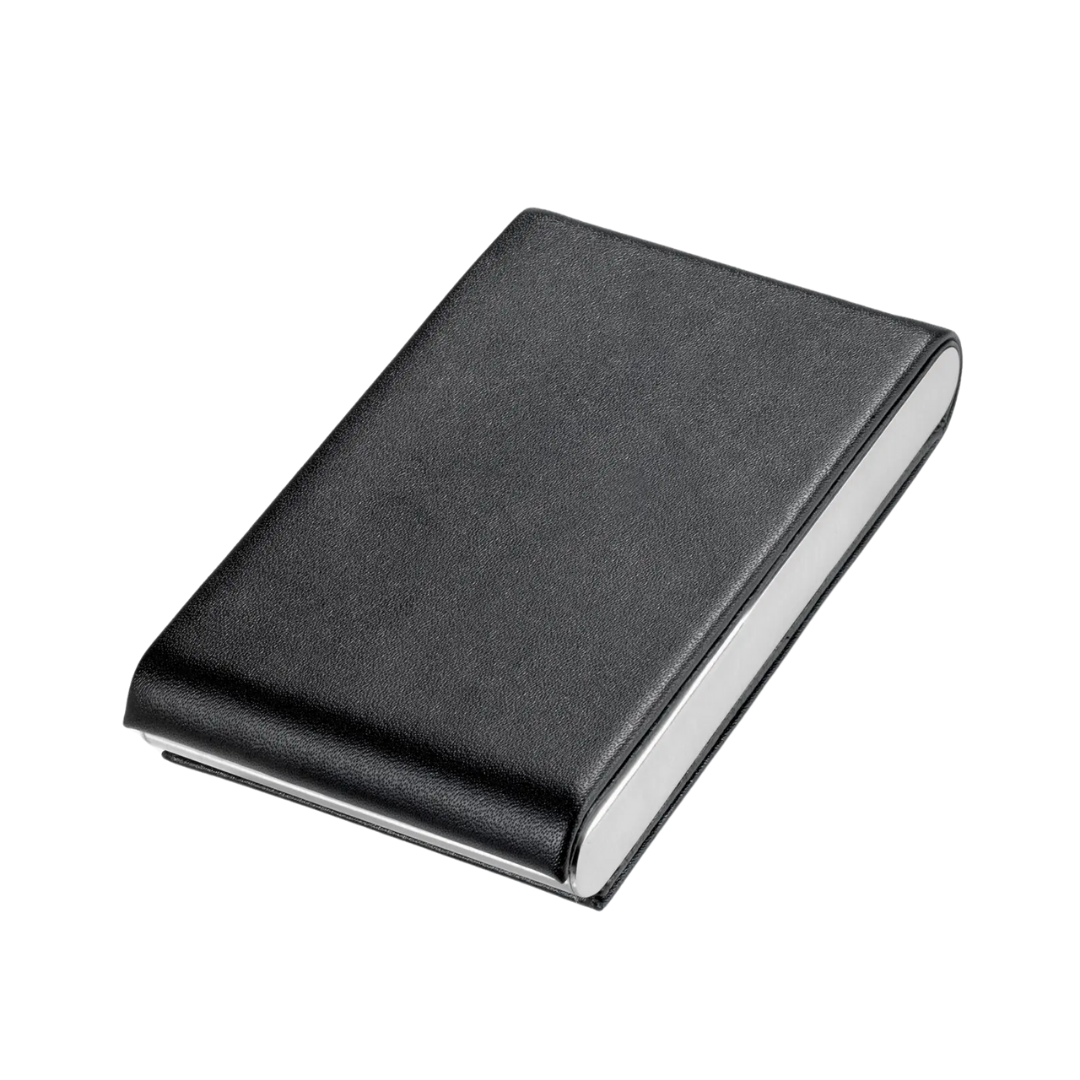 Troika Business Card Case, closed and black, on a white background.