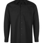 A black, long-sleeve, button-up dress shirt with a pointed collar and a chest pocket.