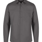 A neatly folded grey long-sleeve dress shirt with buttons down the front and a single chest pocket. The shirt is displayed against a plain white background, highlighting its simple and elegant design.