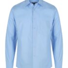 A light blue, long-sleeved dress shirt with a front pocket and button closure, laid out flat against a white background.