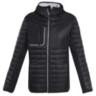 Black hooded puffer jacket with zipper and a zippered chest pocket.