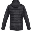 Black puffer jacket with a hood, shown from the back against a white background.
