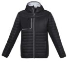 Black puffer jacket with hood, front zipper, and chest pocket with white trim.