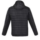Black puffer jacket with hood, viewed from the back.