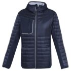 Navy blue hooded puffer jacket with front zipper and chest pocket.