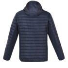 Navy blue puffer jacket with a hood, shown from the back.
