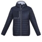 Dark blue puffer jacket with a hood and front zipper, featuring a zippered chest pocket.