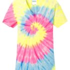 Colorful tie-dye T-shirt with spiral pattern in pink, yellow, and blue.